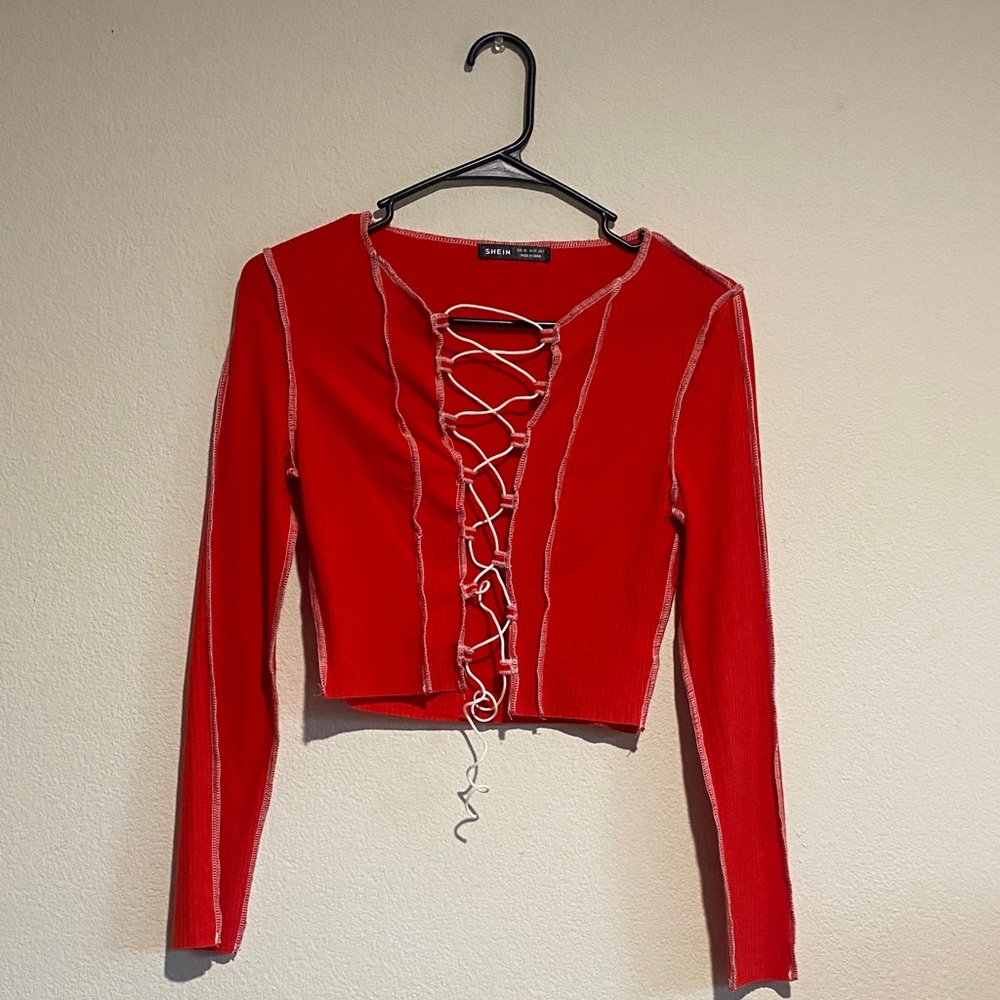 SHEIN Red Lace-Up Contrast Stitch Long Sleeve Crop Top